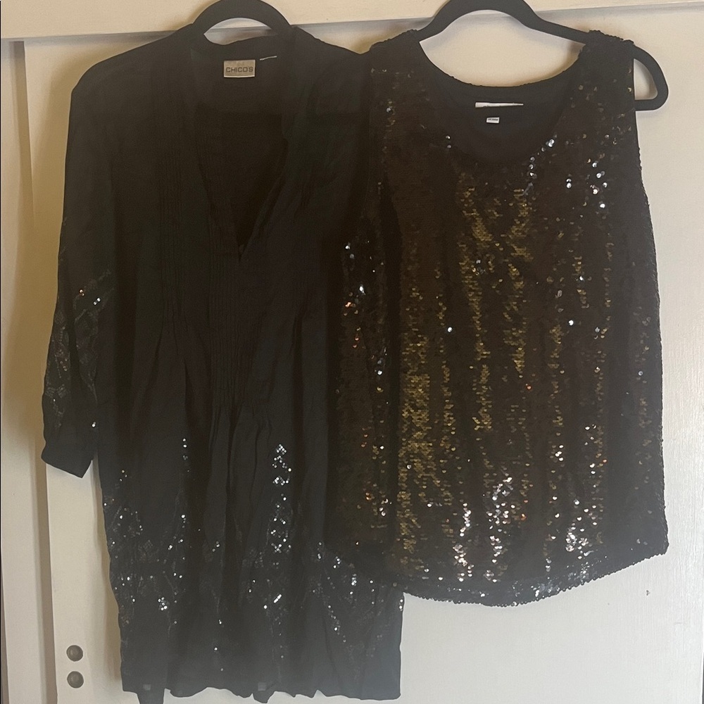 Chico's Black Sequin Ensemble Bundle, tank & tunic size 2, 2.5 Chicos sizing